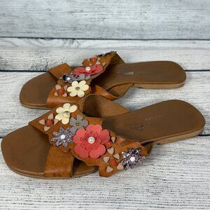 Sophia Milano Genuine Leather Flower Brown Tan Sandals Sz 7.5